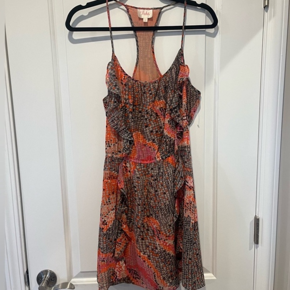 Parker - Silk Ruffle Blouson Racerback Dress with Elastic Waist - Small - EUC